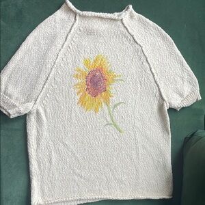 Cream Pilcro Knit Top with Sunflower Design